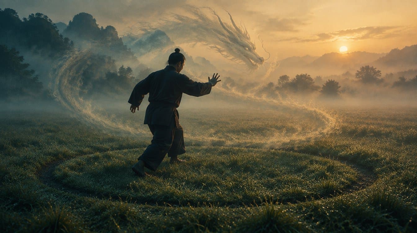 A figure walking a circle in a dewy field at dawn, a dragon faint in the mist