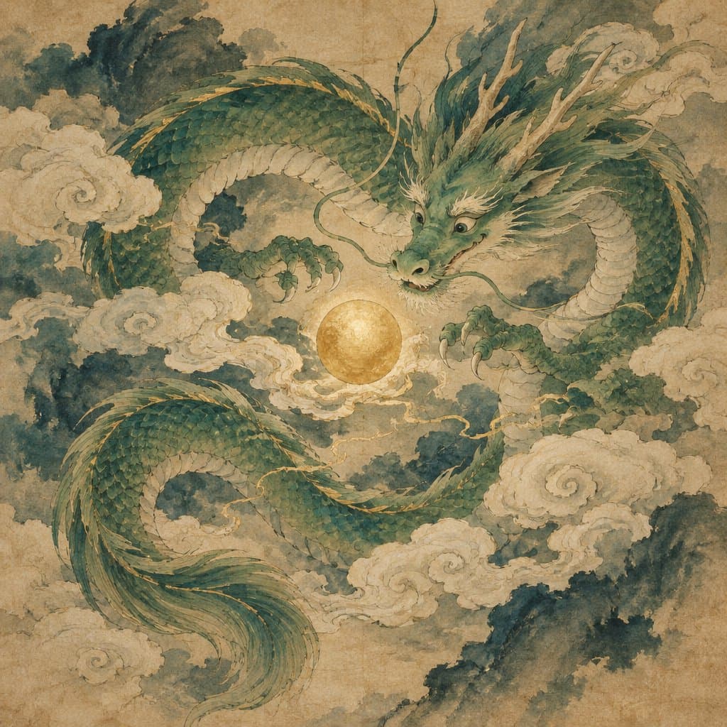 Ink painting of a green dragon playing with a glowing pearl among clouds