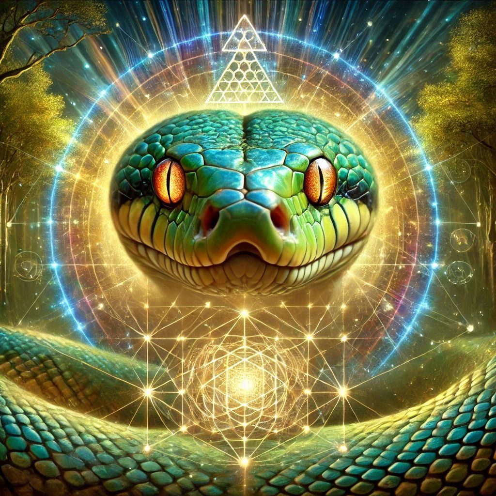 “A hyperrealistic visionary art depiction of a wise serpent gazing with intense clarity, symbolizing discernment and intuition. The snake is surrounded by faint, glowing sacred geometry patterns, including triangles and interconnected lines, emphasizing its sharp awareness. The background features an ethereal forest illuminated by soft light, with colors transitioning from earthy greens to vibrant golds and blues. The serpent’s eyes glimmer with intelligence, and its scales shimmer subtly with iridescent hues. The overall style blends hyperrealism with mystical, mildly psychedelic art elements, portraying focus and wisdom.”