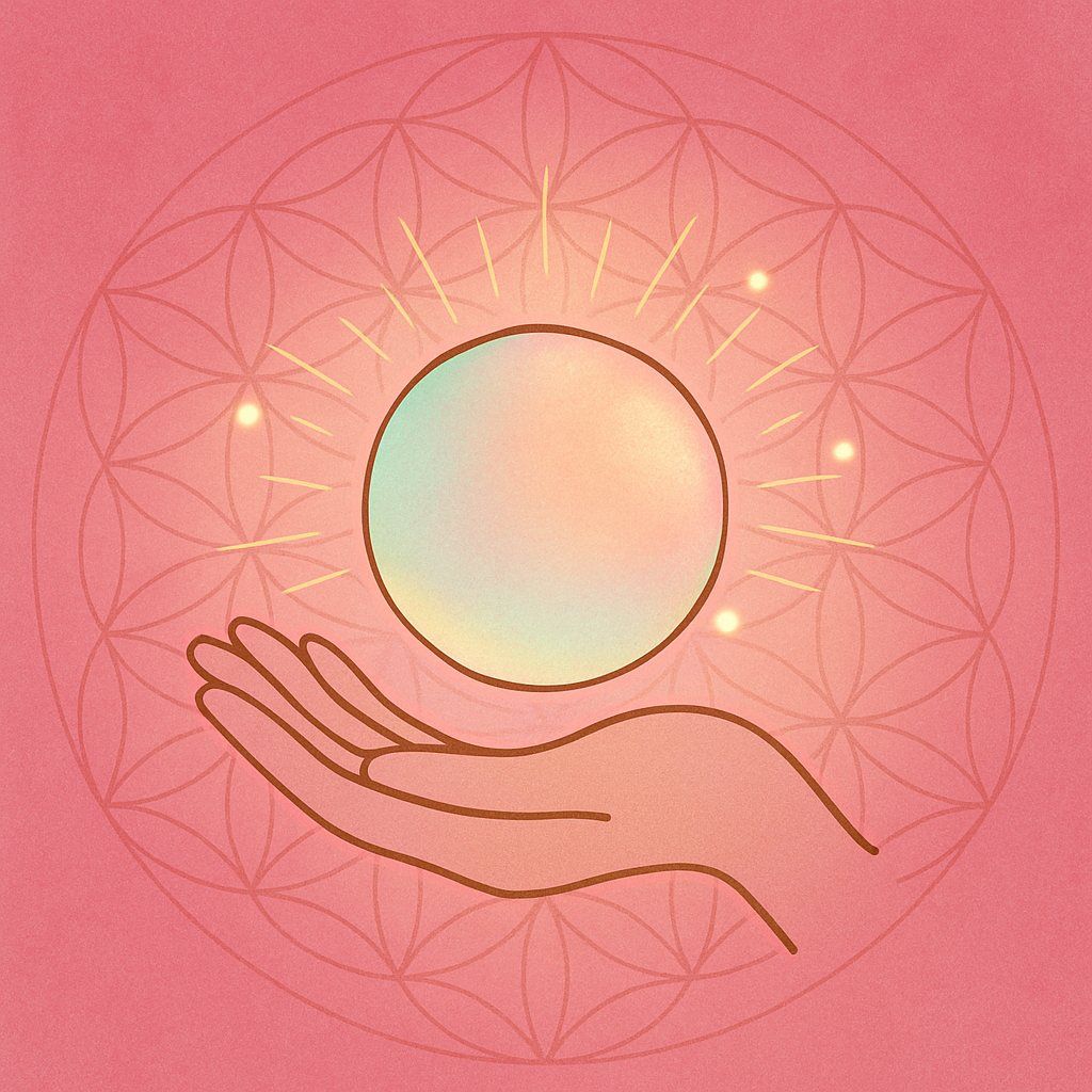 Spiritual illustration of an open hand receiving a glowing iridescent orb, set against a pink sacred geometry background — symbolizing embodied awareness and receptive stillness.