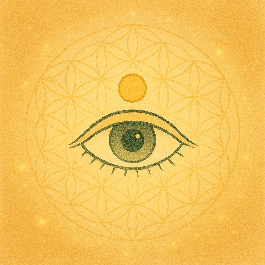 Golden eye symbol with glowing orange dot above, surrounded by Flower of Life geometry on a warm textured background — representing inner clarity and releasing scarcity thinking