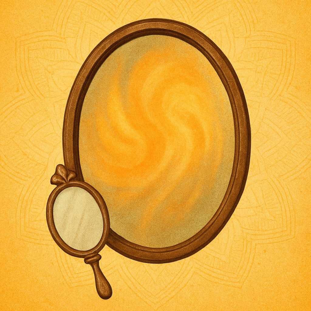 Digital illustration of two vintage mirrors on a golden background, one large and one handheld, with swirling reflections and subtle mandala pattern — symbolizing self-reflection, empathy, and inner shadow work.