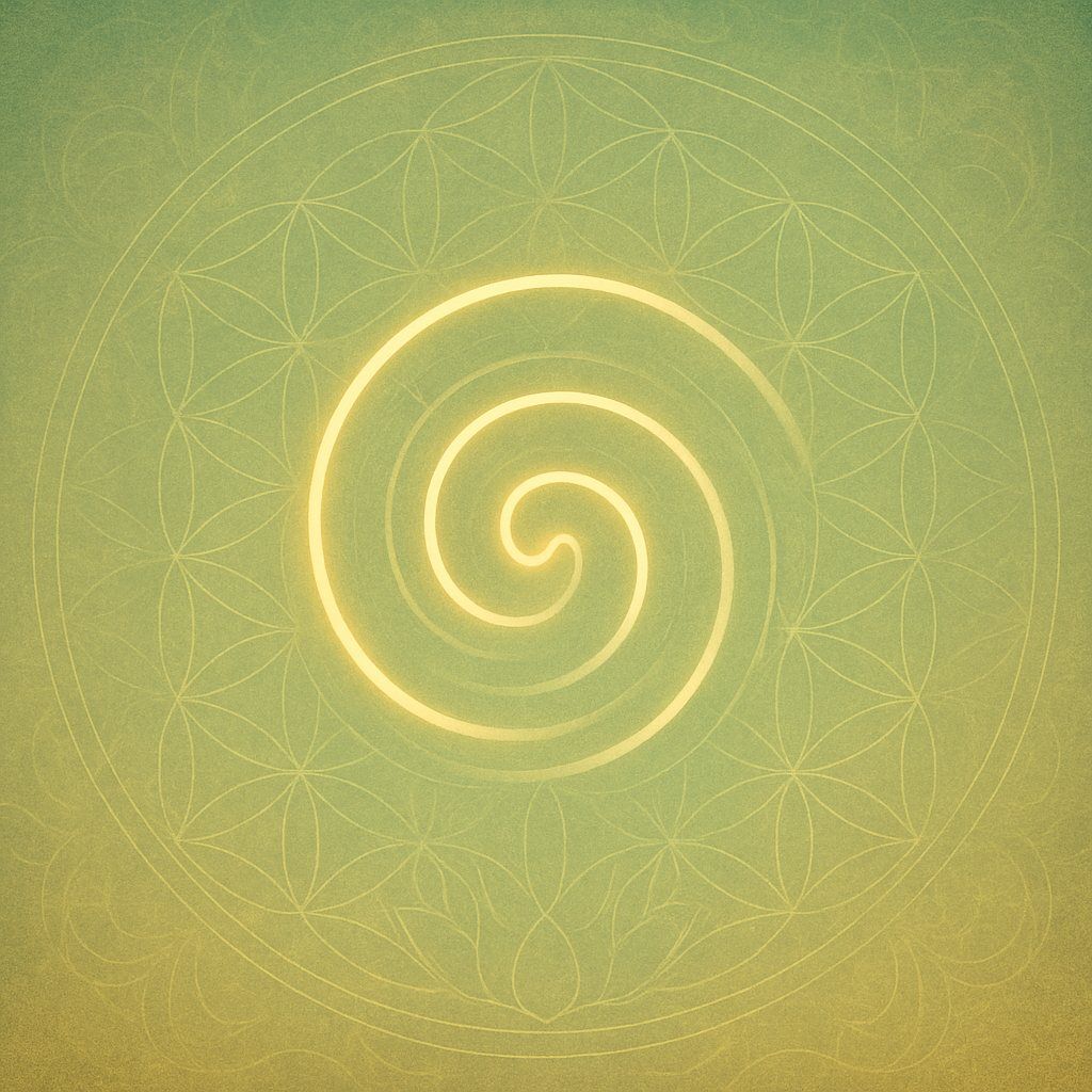 Digital illustration of a glowing spiral radiating golden light on a green sacred geometry background — symbolizing grounding breath, inner calm, and energetic centering