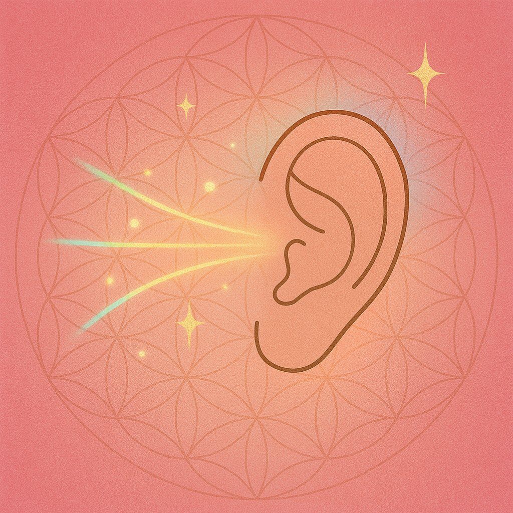 Minimalist digital artwork of an ear surrounded by radiant sound waves and stars, layered over a soft pink Flower of Life pattern — representing deep listening and heart-based receptivity