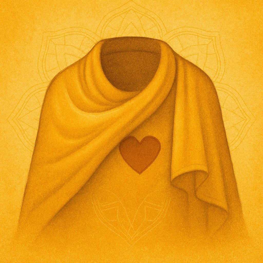 Sacred digital artwork of a soft golden cloak draped over the heart center, set against a radiant textured backdrop with faint mandala designs — representing energetic protection and heart-centered strength
