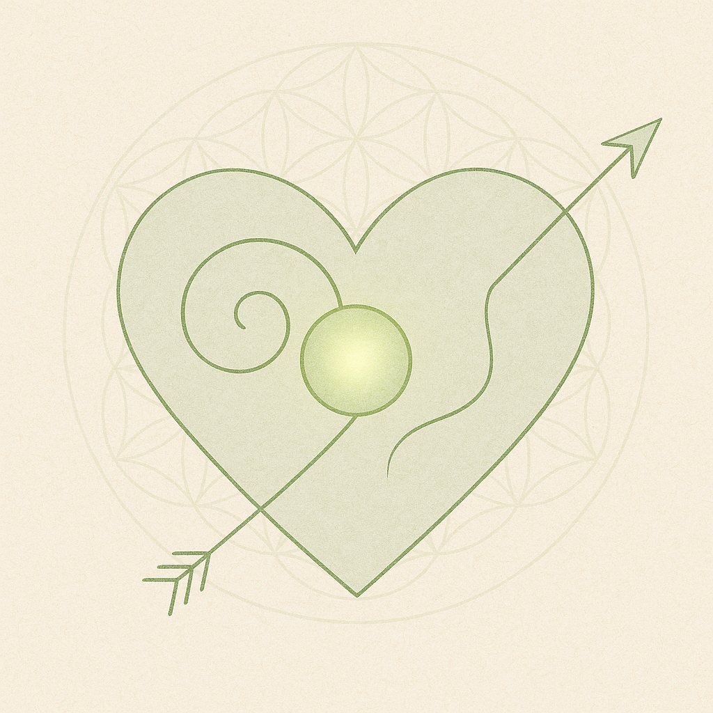 Desire tracing, Green heart line drawing with inward spiral and outward arrow, representing conscious desire and emotional awareness in spiritual self-inquiry