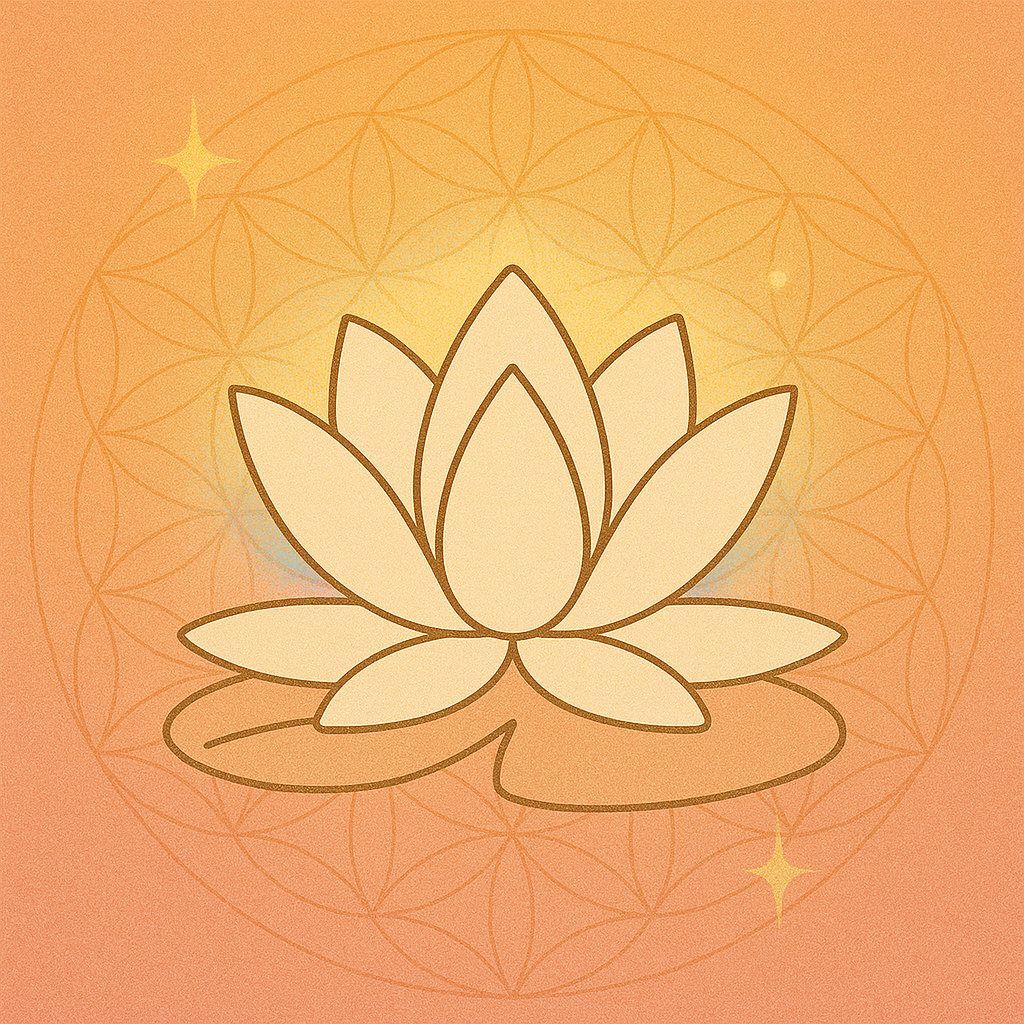 Golden lotus flower resting on soft lily pads, framed by radiant light and sacred geometry — symbolizing yin movement, gentle flow, and embodied surrender