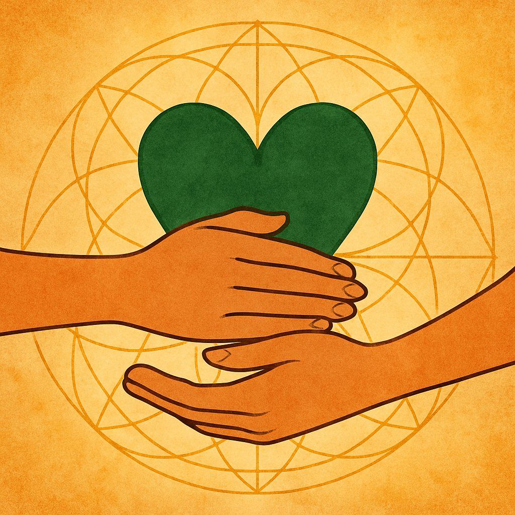 Two hands gently resting over a deep green heart with sacred geometry in the background — symbolizing embodied safety, grounding, and the somatic roots of trust.