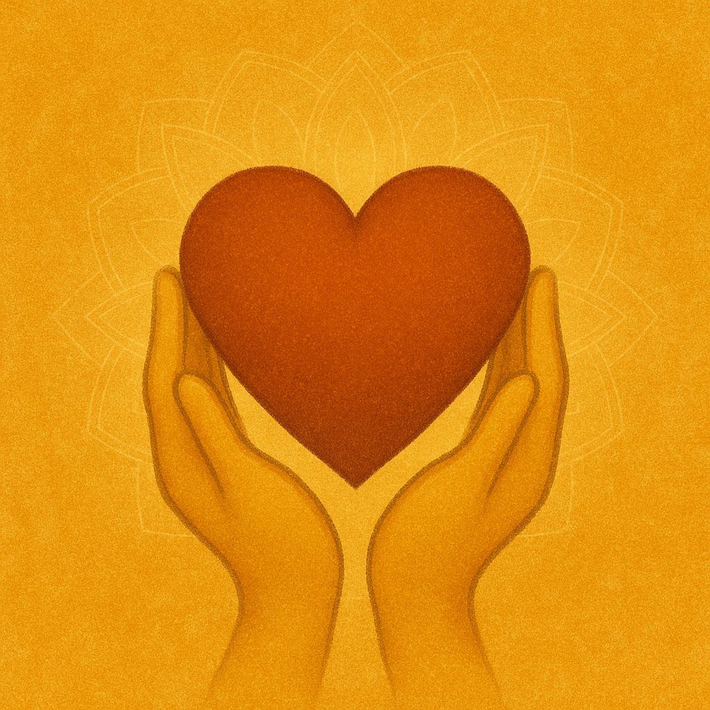 Spiritual illustration of glowing hands gently holding a heart of light, over a warm golden background with sacred geometry — symbolizing selfless kindness, forgiveness, and unconditional compassion.