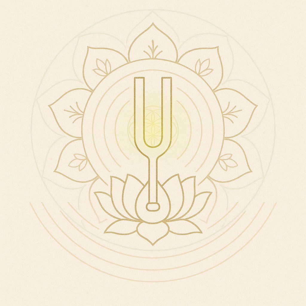 Joy as Frequency Golden tuning fork within a radiating mandala and lotus flower, minimalist sacred geometry depicting vibrational healing and joy alignment.