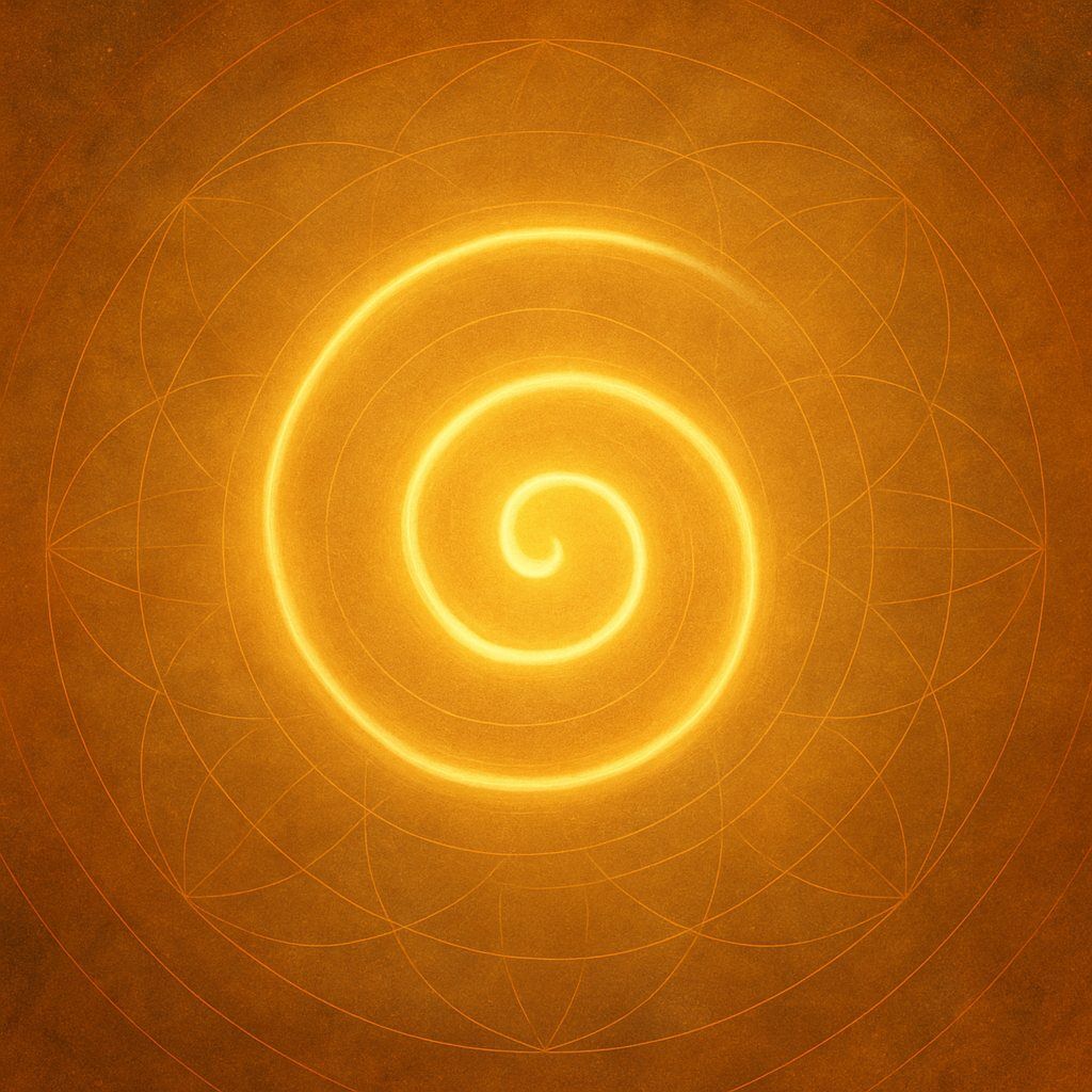 Glowing golden spiral on a textured background with Flower of Life overlay — representing soul alignment, divine timing, and the unfolding rhythm of trust.