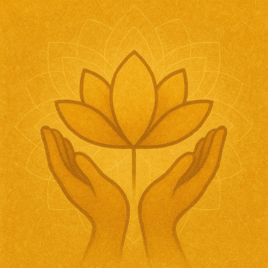 Golden digital illustration of two open hands offering a radiant lotus flower, with layered sacred patterns and warm light — representing truthful action, inner alignment, and benevolent intention.