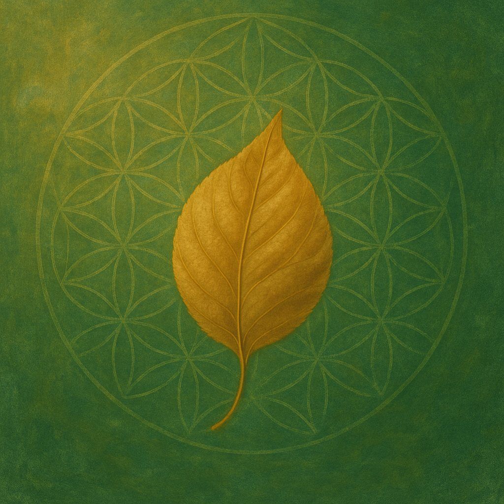 Golden autumn leaf floating over a deep green sacred geometry background — representing impermanence, surrender, and the practice of inner stillness