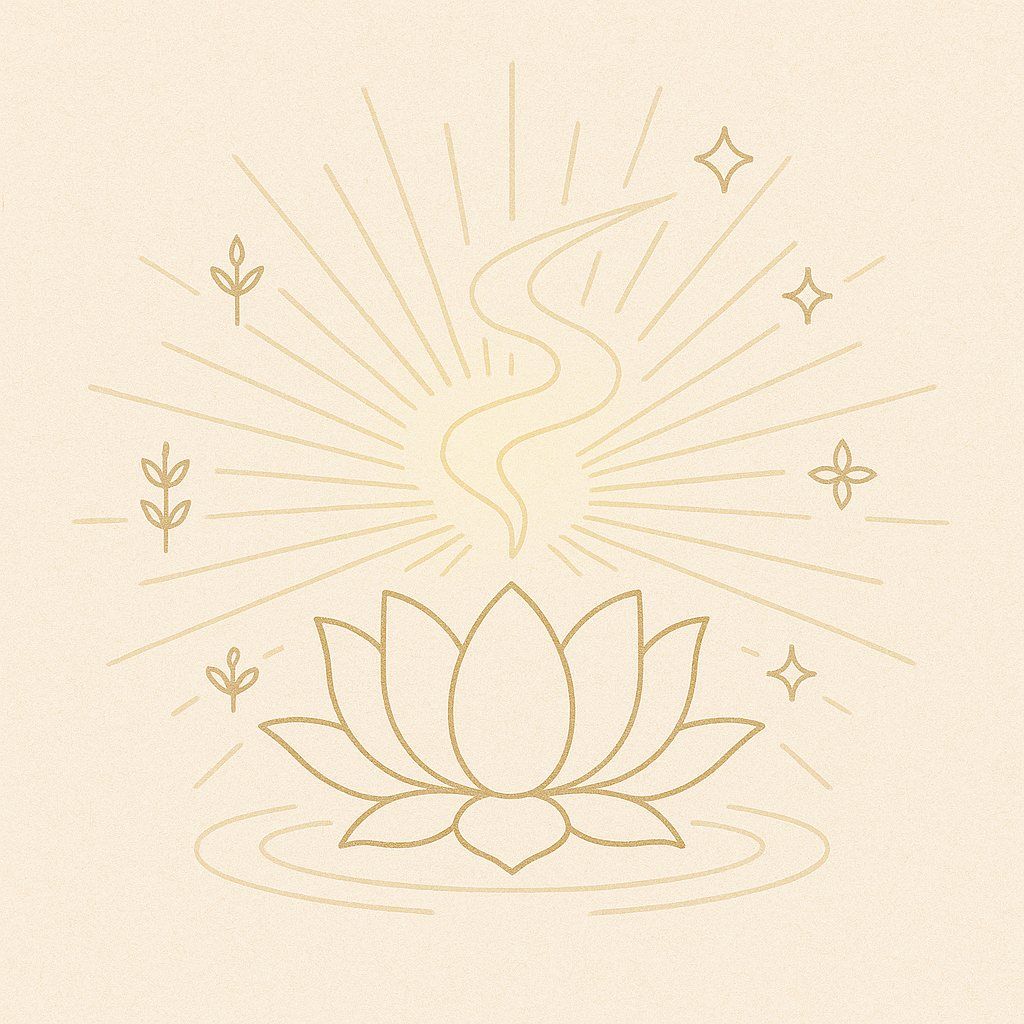 Inner Smile Breathing Lotus flower with radiating heart rays and sacred light, minimalist spiritual artwork representing heart-centered breath and inner blooming.
