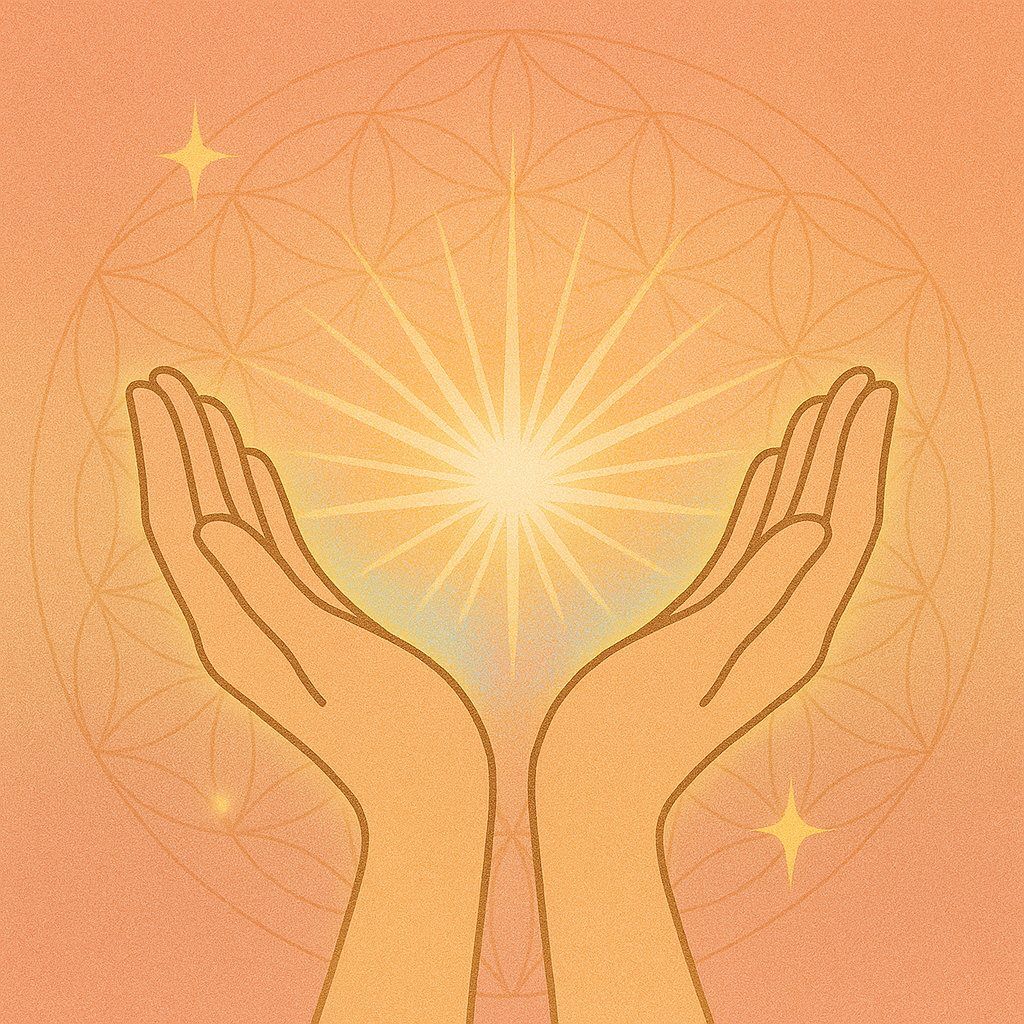 Two open hands cradle a radiant golden light, emanating star-like rays, with a subtle sacred mandala in the background — symbolizing the grace of receiving love and affirmation