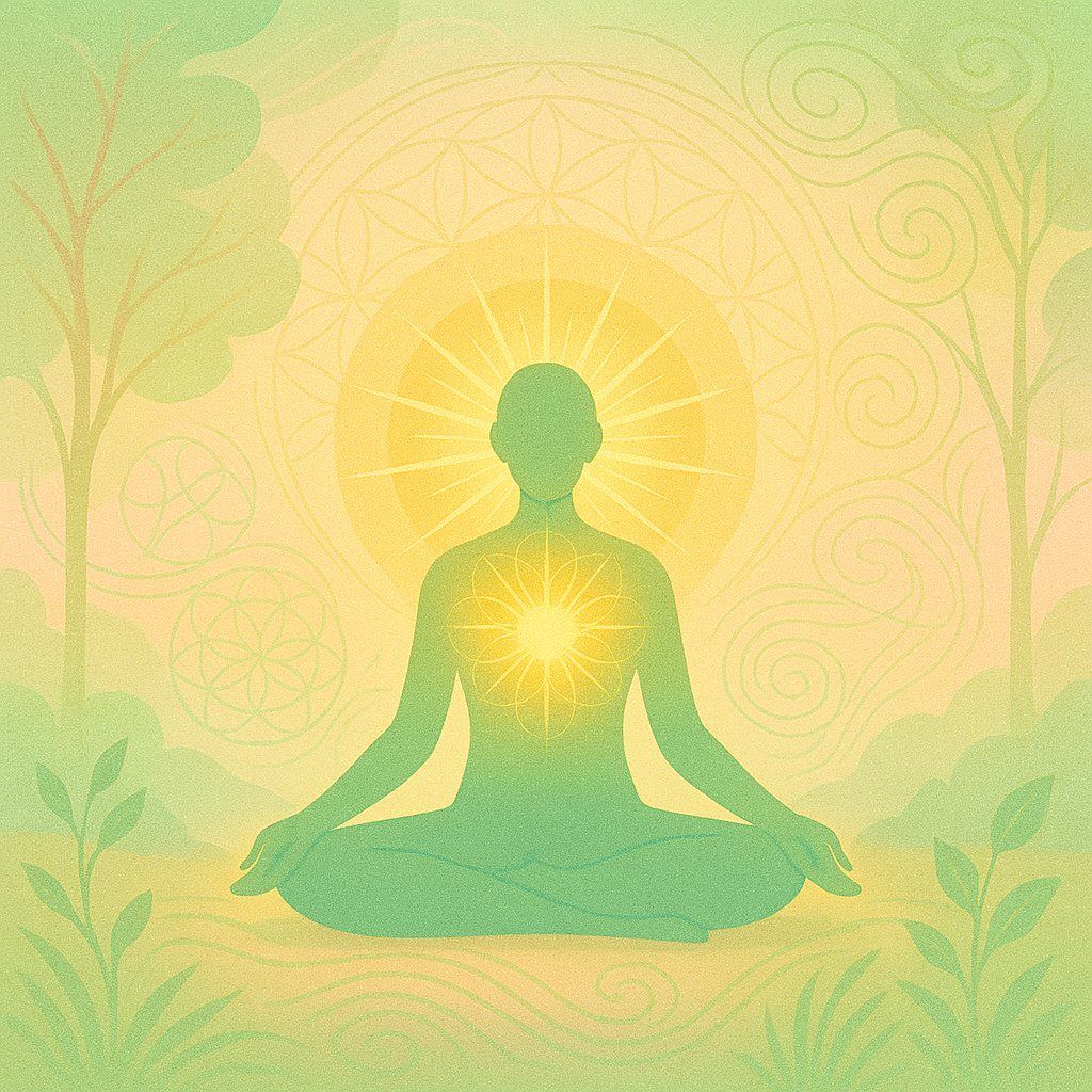 Serene illustration of a figure meditating in nature, with golden light radiating from the heart and Flower of Life symbols in the environment — evoking oneness, receptivity, and spiritual attunement with the Earth