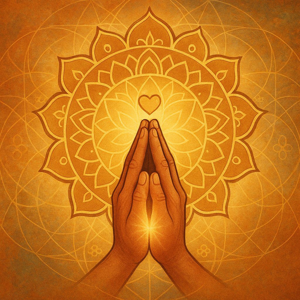 Silhouetted figure in meditation posture with glowing heart, lotus petals, and overlapping sacred triangles in the background — symbolizing quiet service, humility, and the power of unseen good deeds