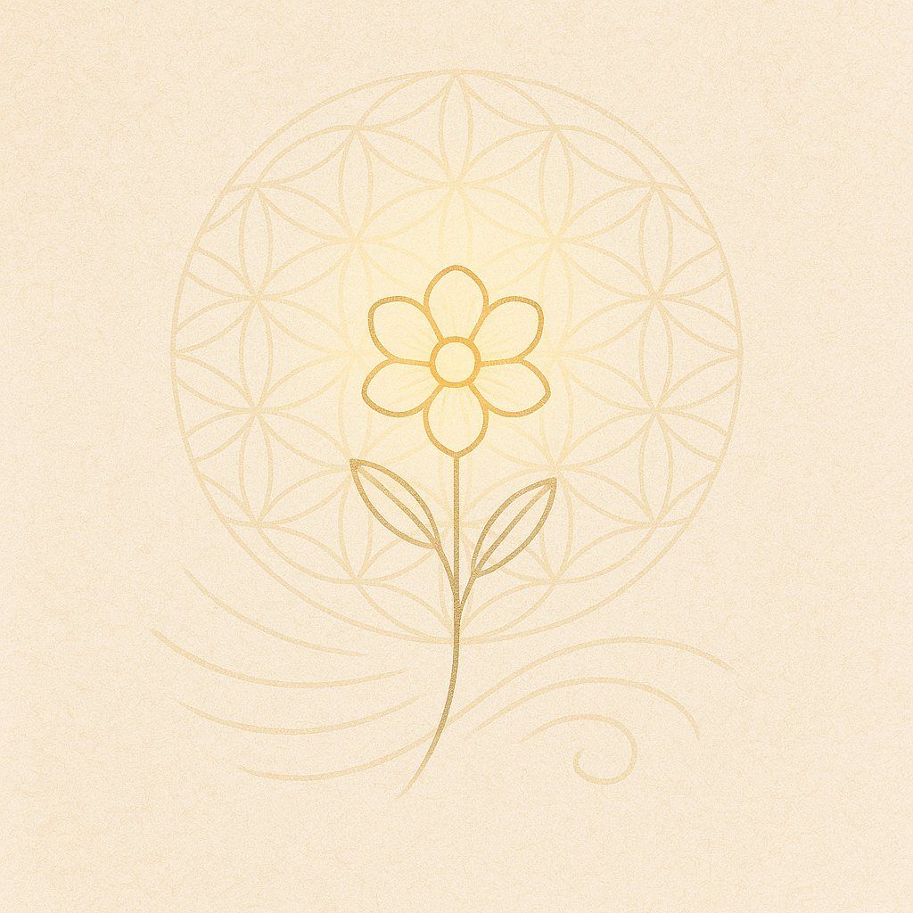 Presence Practice: Delicate flower glowing within a Flower of Life mandala, symbolizing present-moment awareness and joy in simplicity — mindful minimalism.