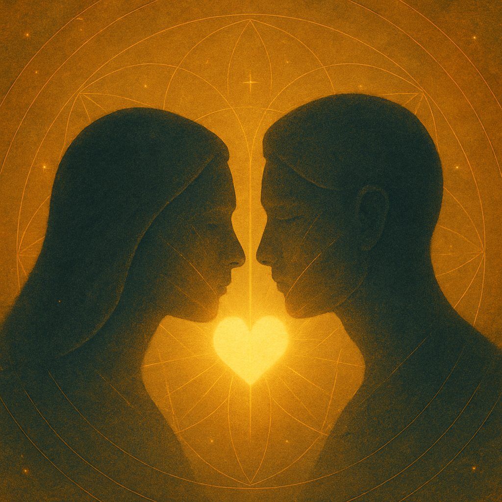 Two silhouetted figures in still gaze, with a glowing heart between them and a soft sacred geometry mandala — representing presence, vulnerability, and heart-centered connection