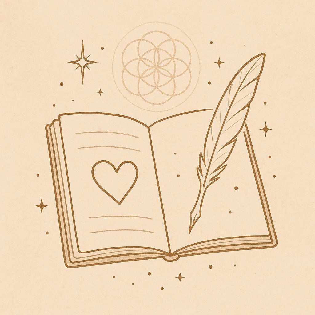 Sacred line art of an open journal and feather quill on a warm beige background, with a heart symbol on the page and subtle celestial and geometric accents — minimalist artwork evoking reflective journaling and inner inquiry