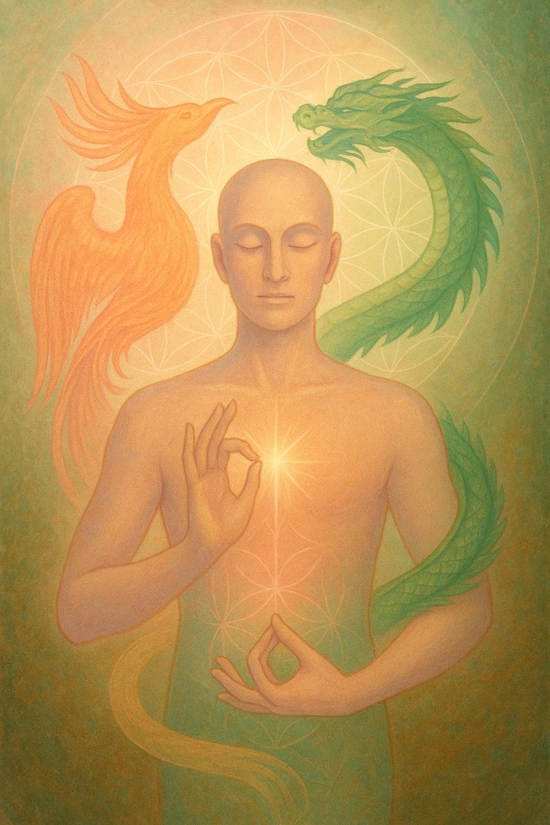 symbolic of the Liver and Heart in Chinese Medicine — set within an ethereal field of radiant energy and sacred geometry. The image reflects the transformation of jealousy into trust through Hun, Shen, and Yi integration, conveying themes of soul vision, emotional harmony, and energetic grounding.