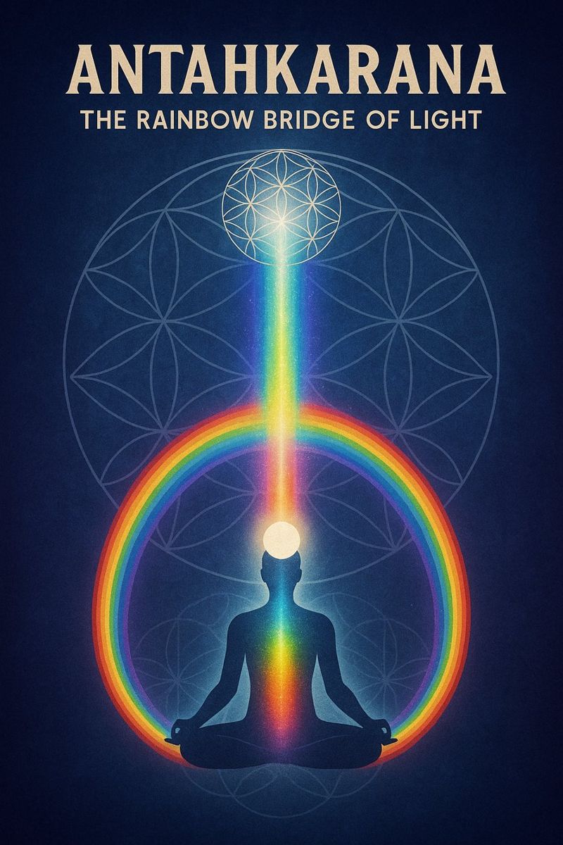Symbolic digital artwork of the Antahkarana, the Rainbow Bridge of Light, showing a meditating figure aligned with a vertical rainbow column and sacred geometry, representing spiritual connection between the higher self and divine source