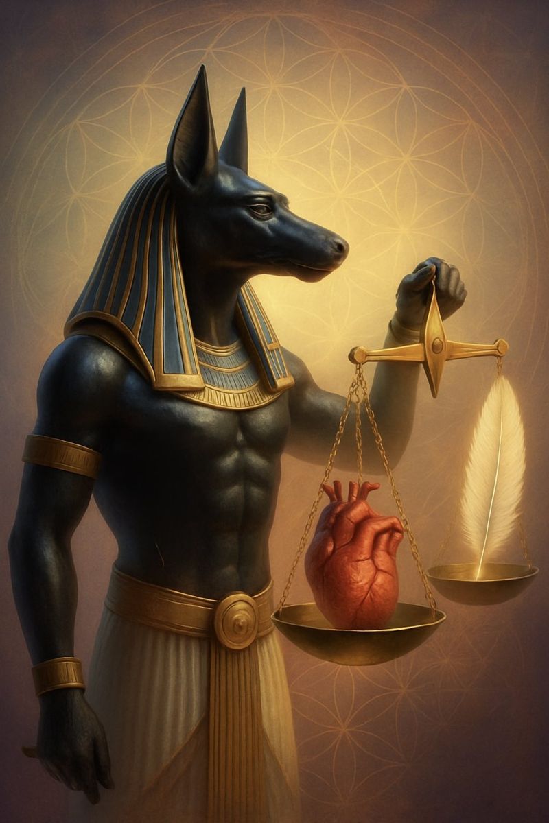 Anubis weighing a heart and feather on golden scales, with sacred geometry background.