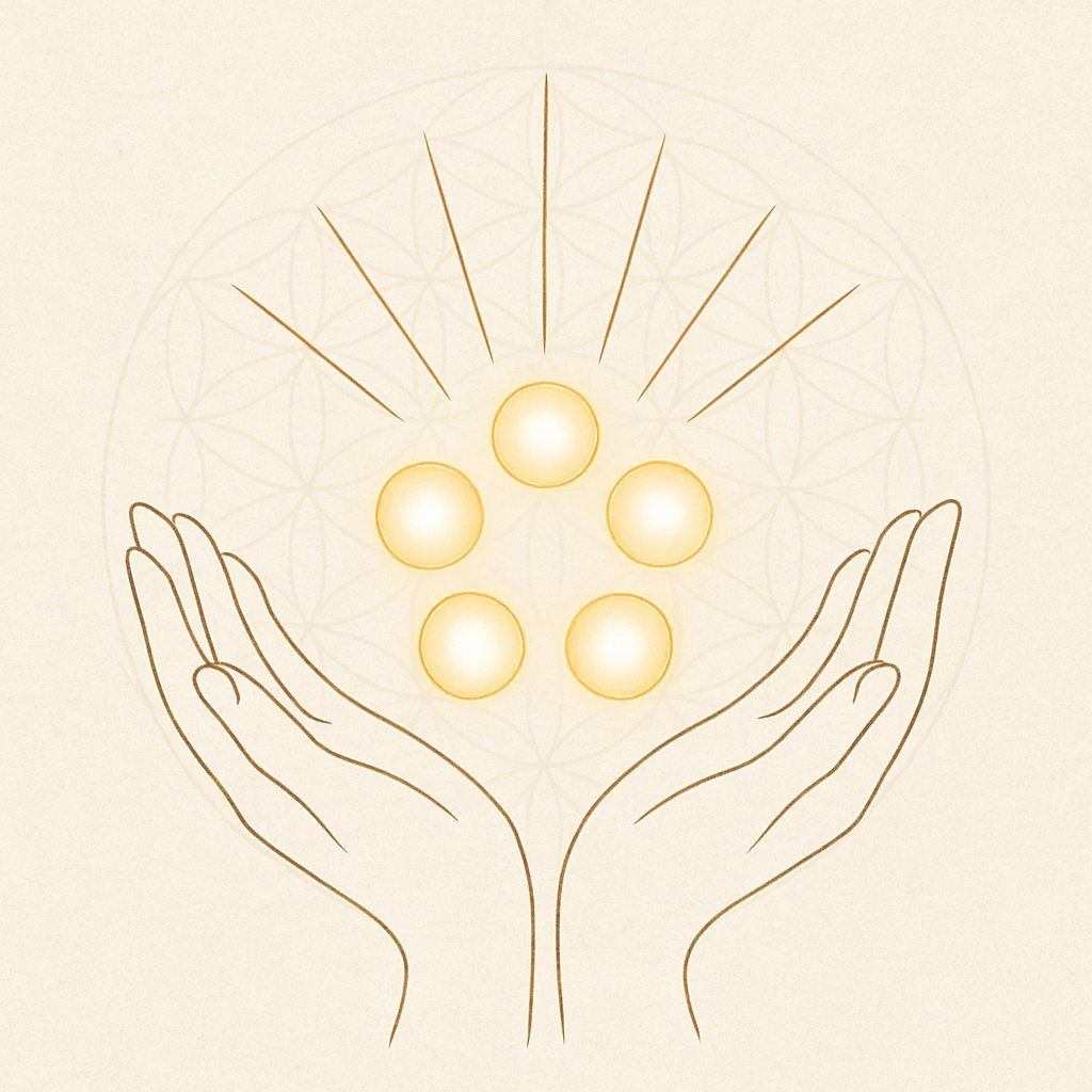 Gratitude Immersion, Sacred line art of open hands holding five glowing orbs, symbolizing gratitude and joy, with Flower of Life pattern — spiritual minimalism illustration